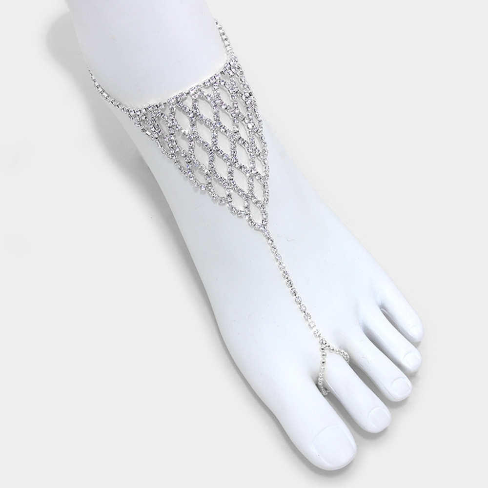 Silver Chain Rhinestone Crystal Anklet Metal Net Toe Ring Statement Jewelry